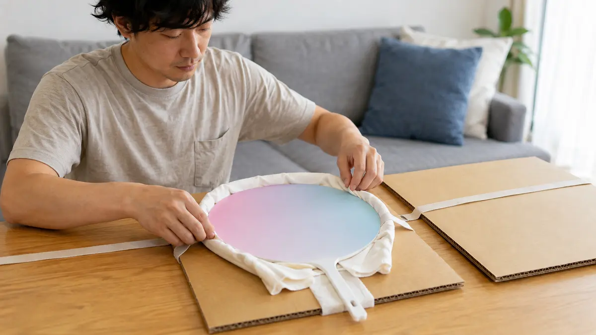 段ボールと布でうちわが折れない自作プロテクターを作る日本人男性