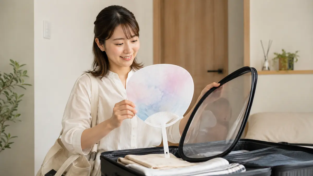 旅行後に保護ケースから折れずに持ち帰ったうちわを確認する日本人女性